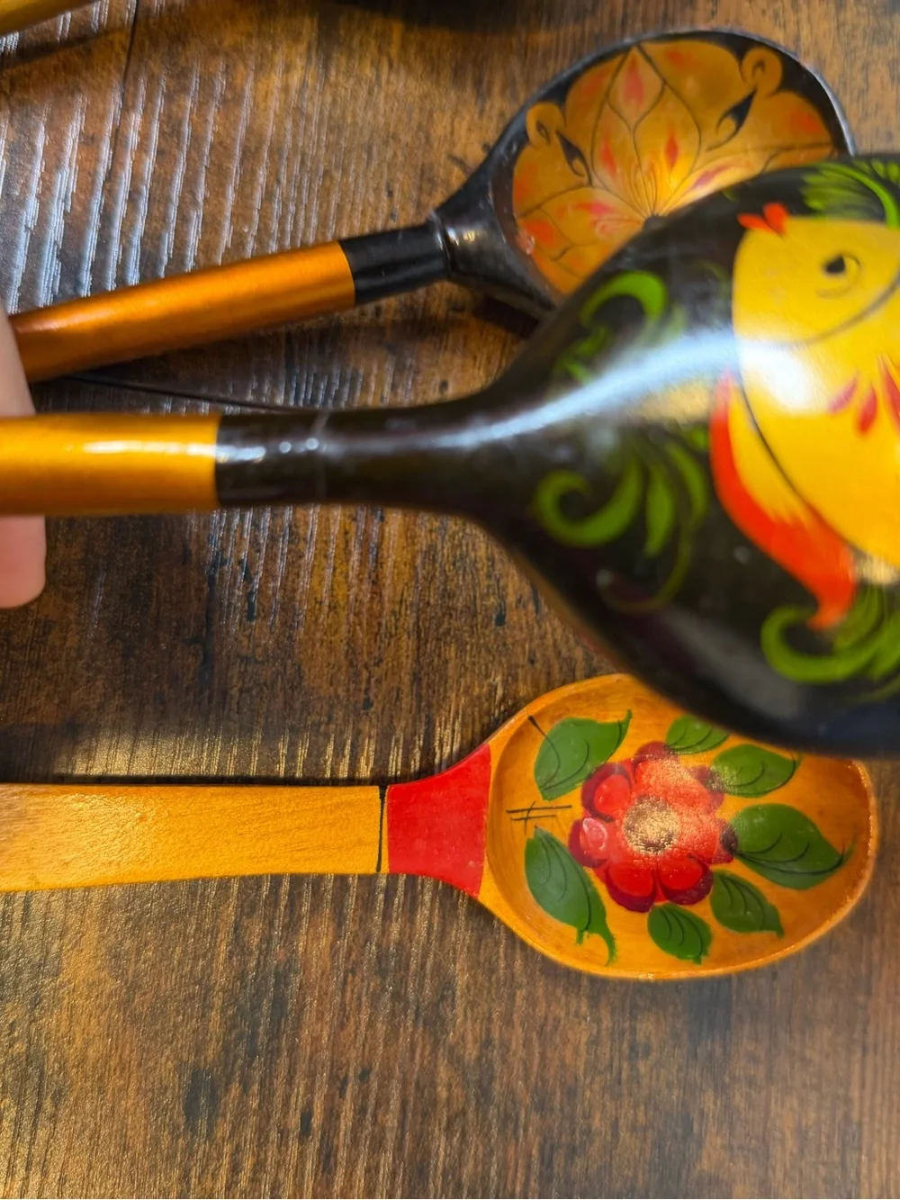 Hand-Painted Black and Gold Wooden Decorative Spoons Set of 5
